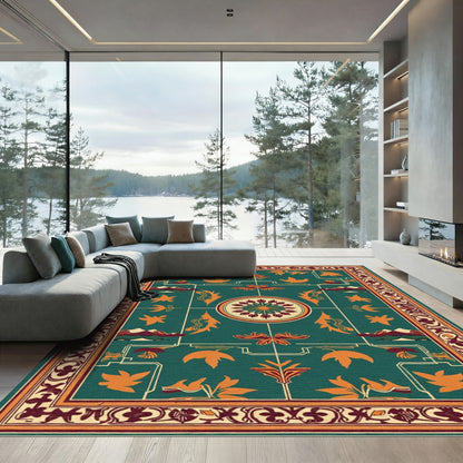 Deep Teal Orange Floral Medallion Mountains Rug