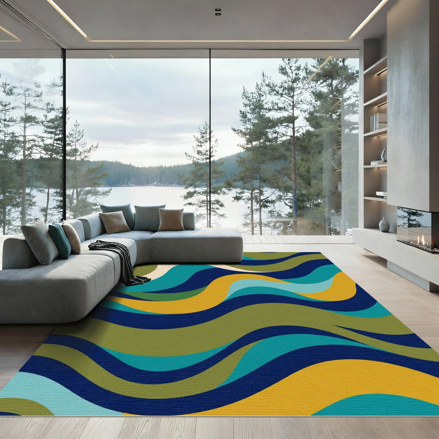 Abstract Flowing Waves Navy Teal Gold Rug