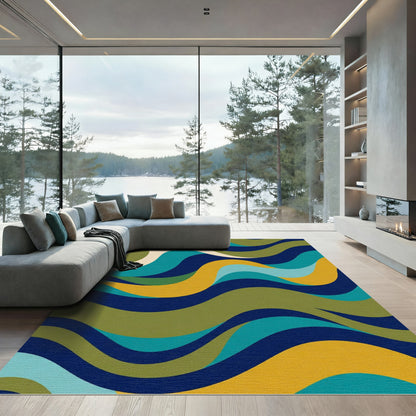 Abstract Flowing Waves Navy Teal Gold Rug