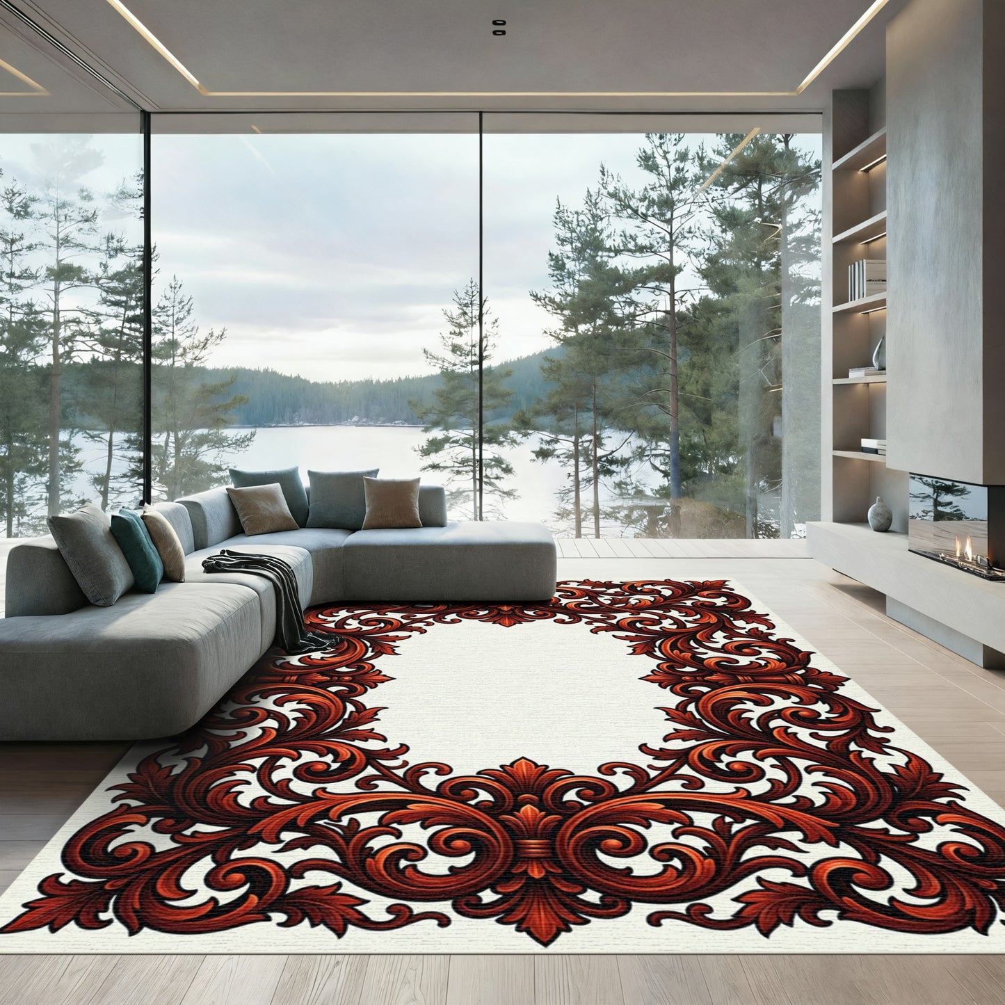 Rich Burgundy Acanthus Swirl Frame Rug