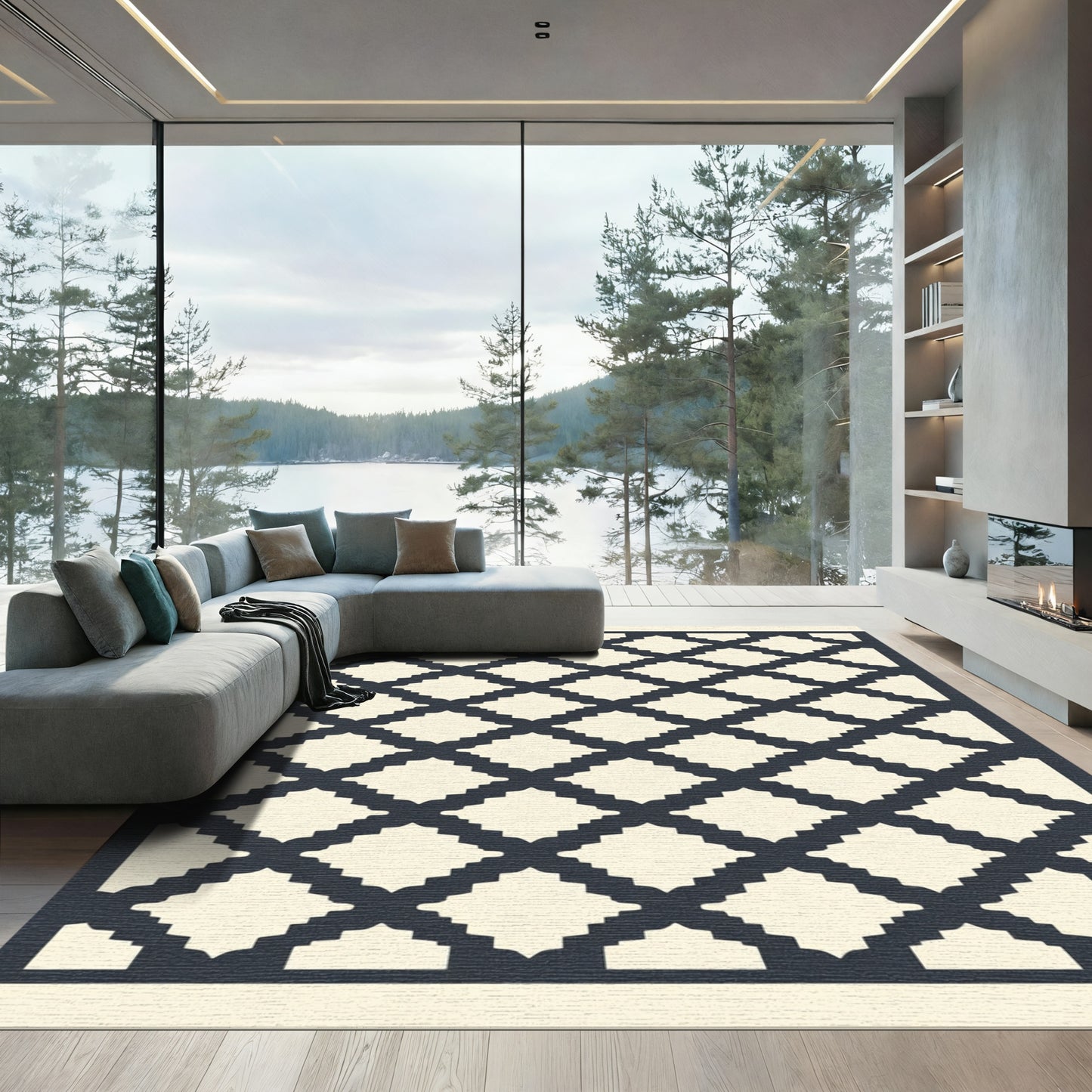 Lattice Geometric Cream Navy Rug