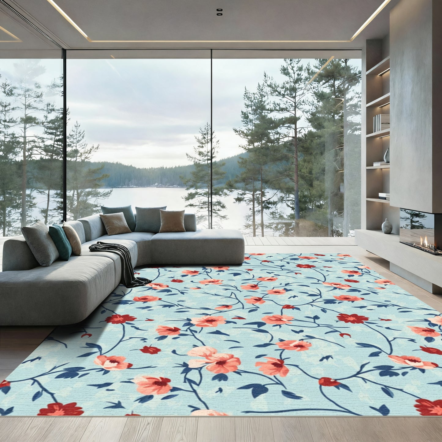 Coral Red Floral Vine Swirl Rug