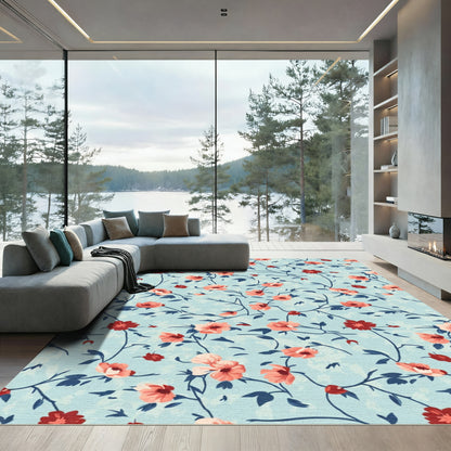 Coral Red Floral Vine Swirl Rug