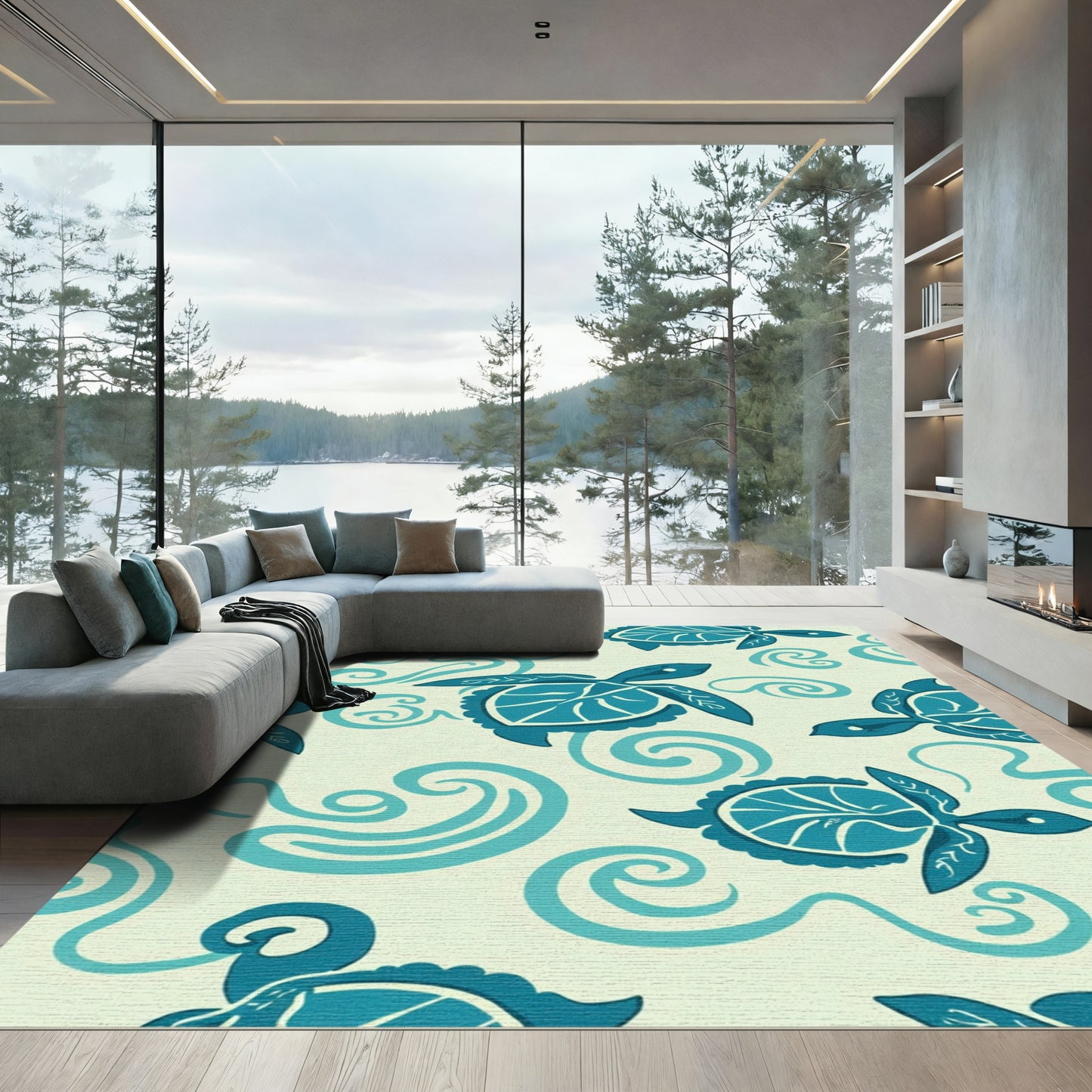 Ocean Blue Turtle Wave Art Rug