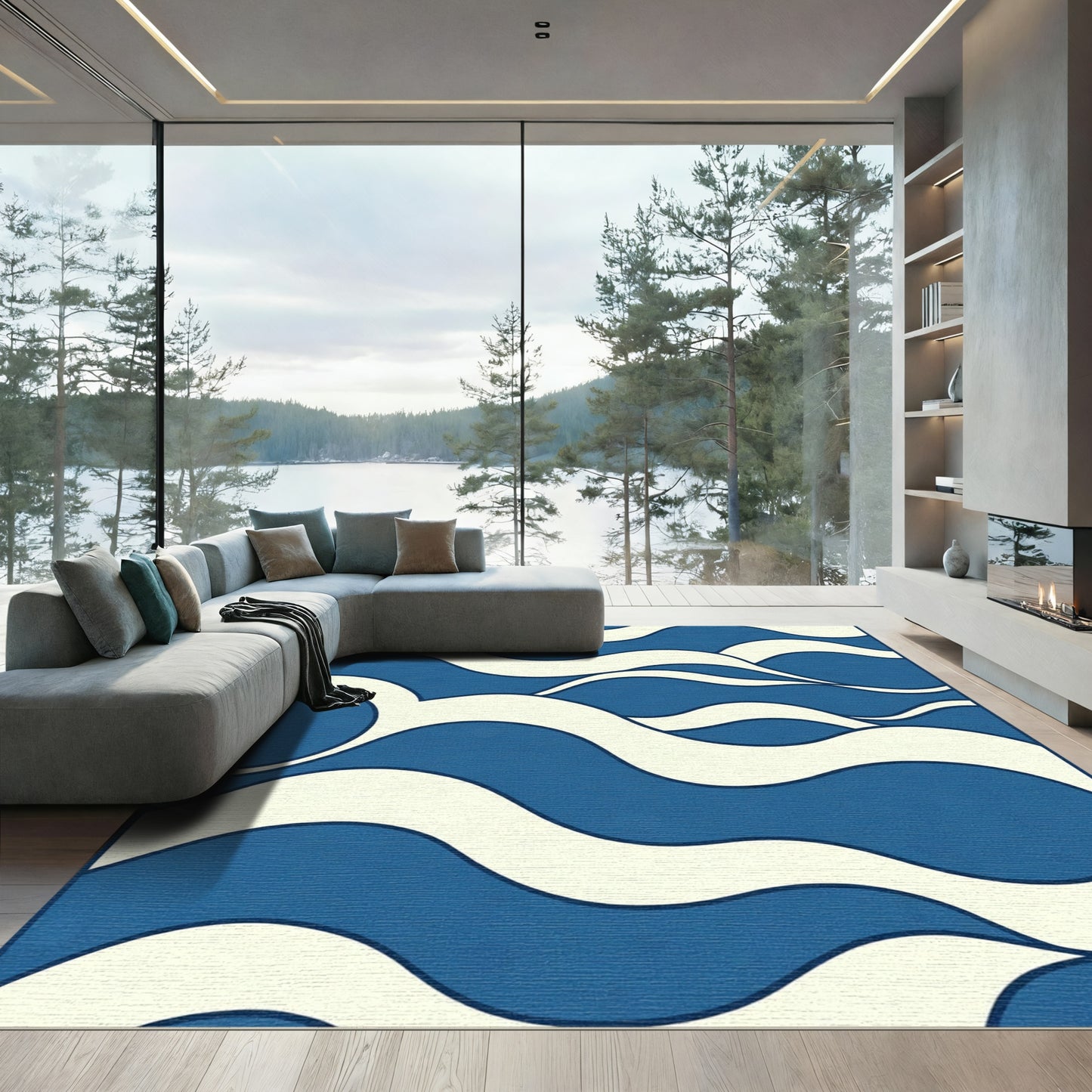 Deep Blue Cream Wavy Abstract Rug