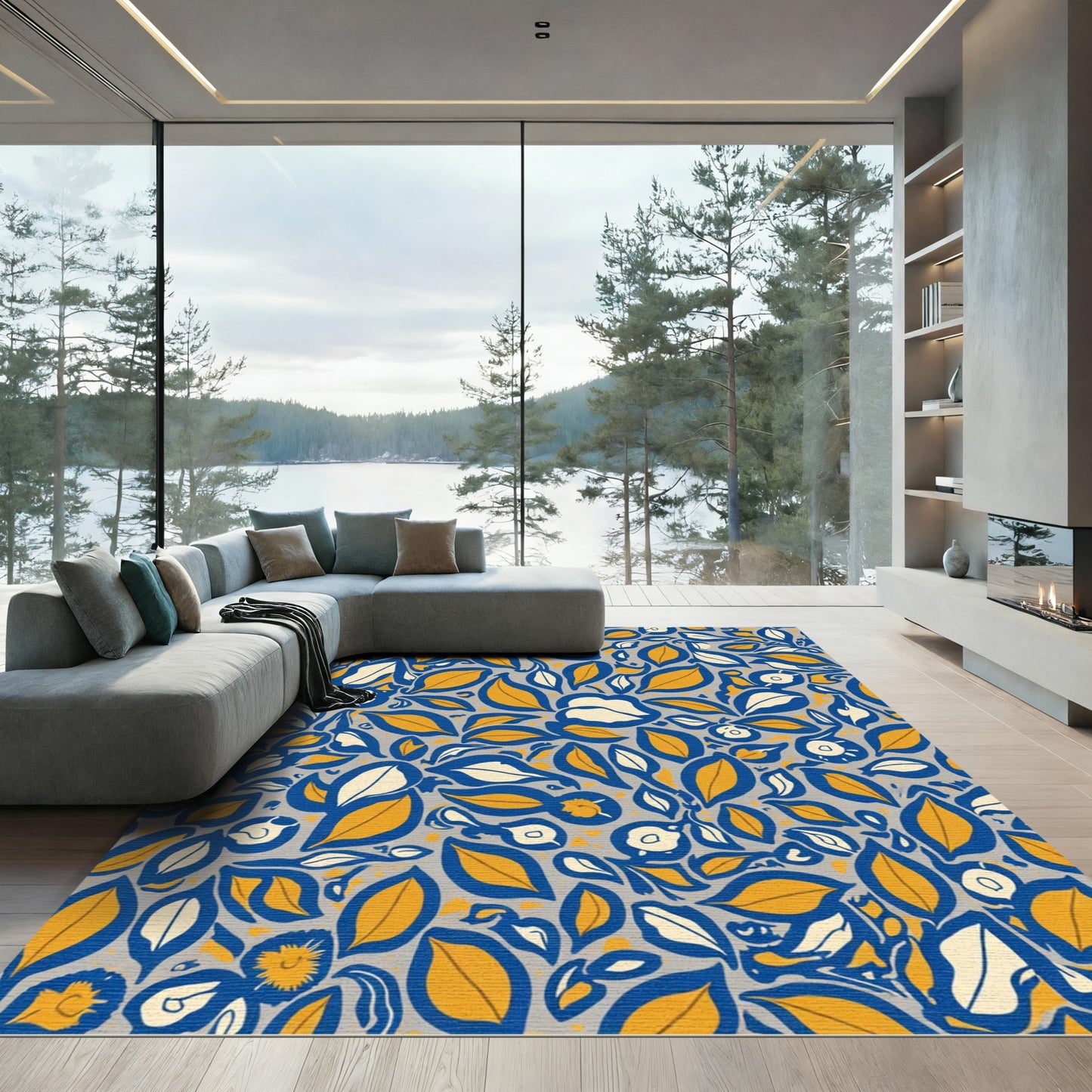 Bold Blue Yellow Leaf Floral Burst Rug