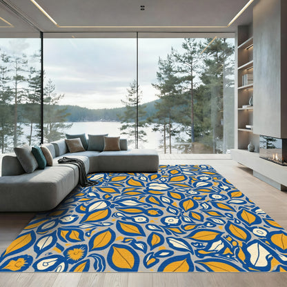 Bold Blue Yellow Leaf Floral Burst Rug