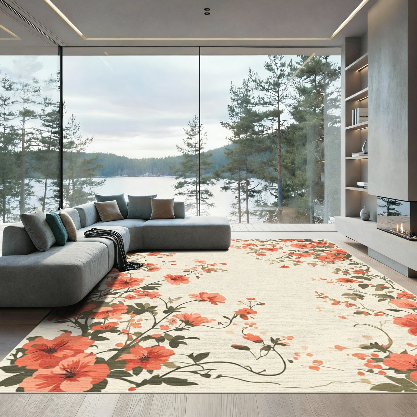 Coral Botanical Whimsical Floral Swirls Rug
