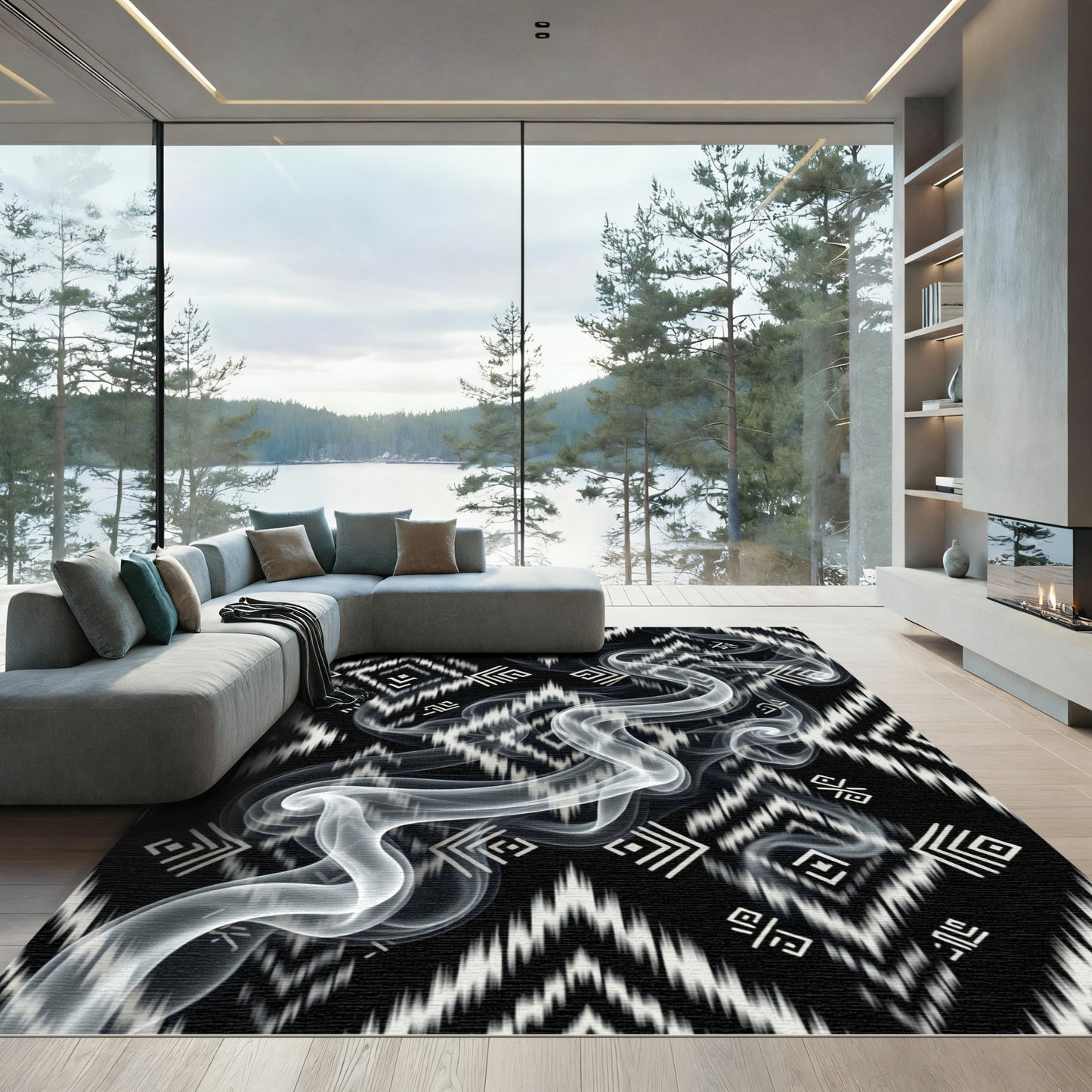 Black White Geometric Tribal Smoke Rug