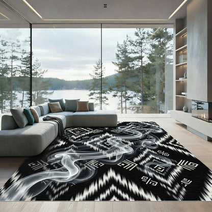 Black White Geometric Tribal Smoke Rug