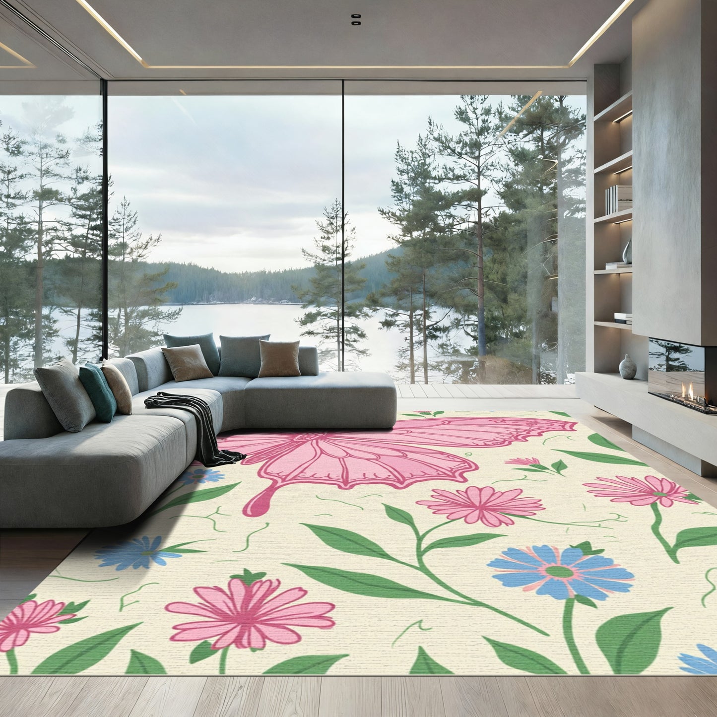 Pink Butterfly and Floral Garden Rug