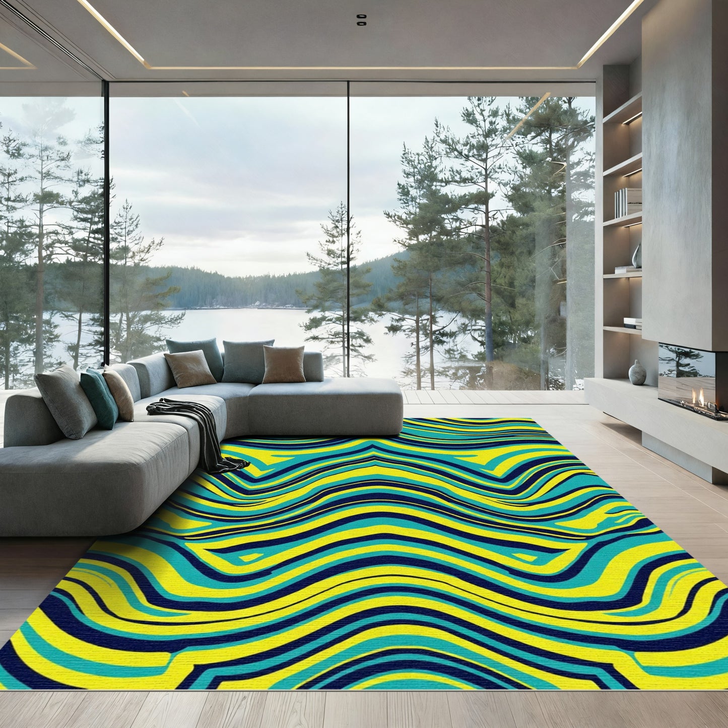 Vibrant Blue Yellow Wavy Stripes Rug