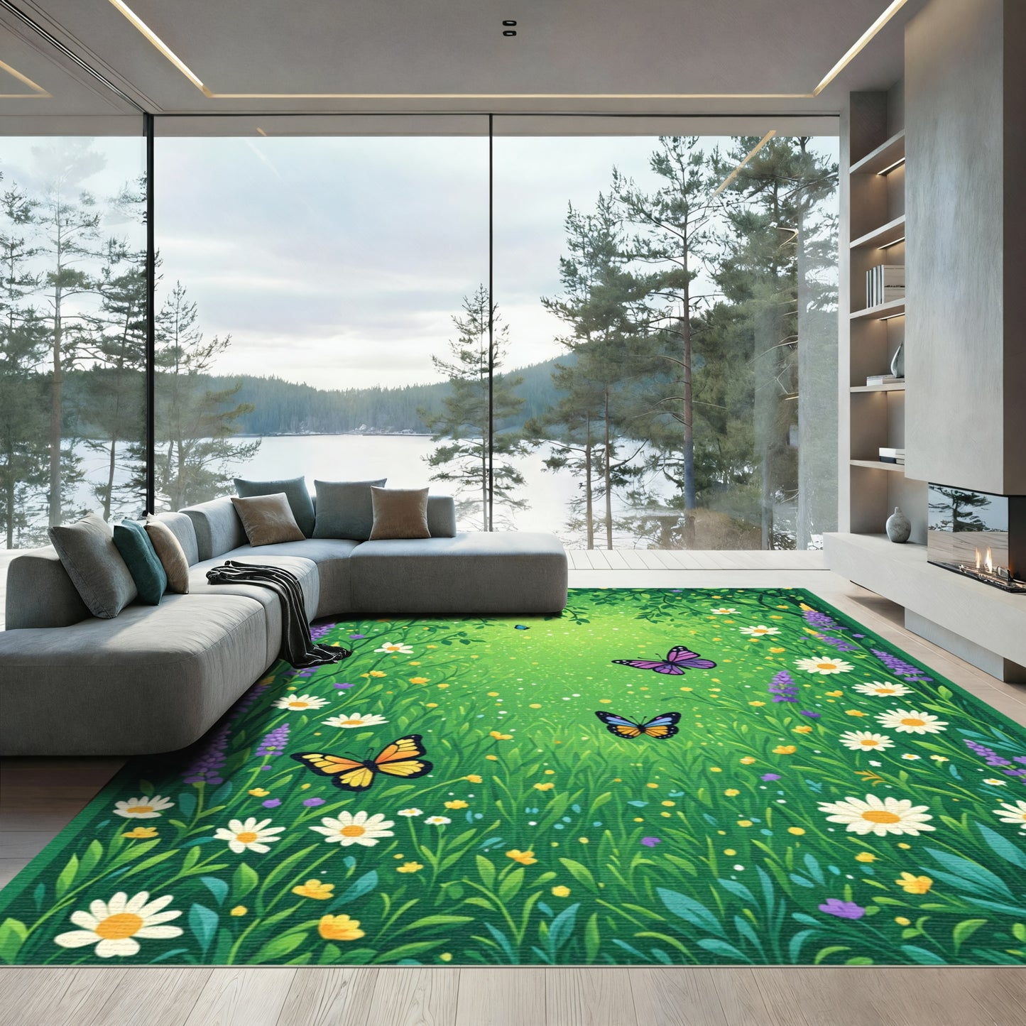 Whimsical Garden Butterflies Floral Meadow Rug