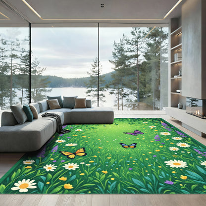 Whimsical Garden Butterflies Floral Meadow Rug
