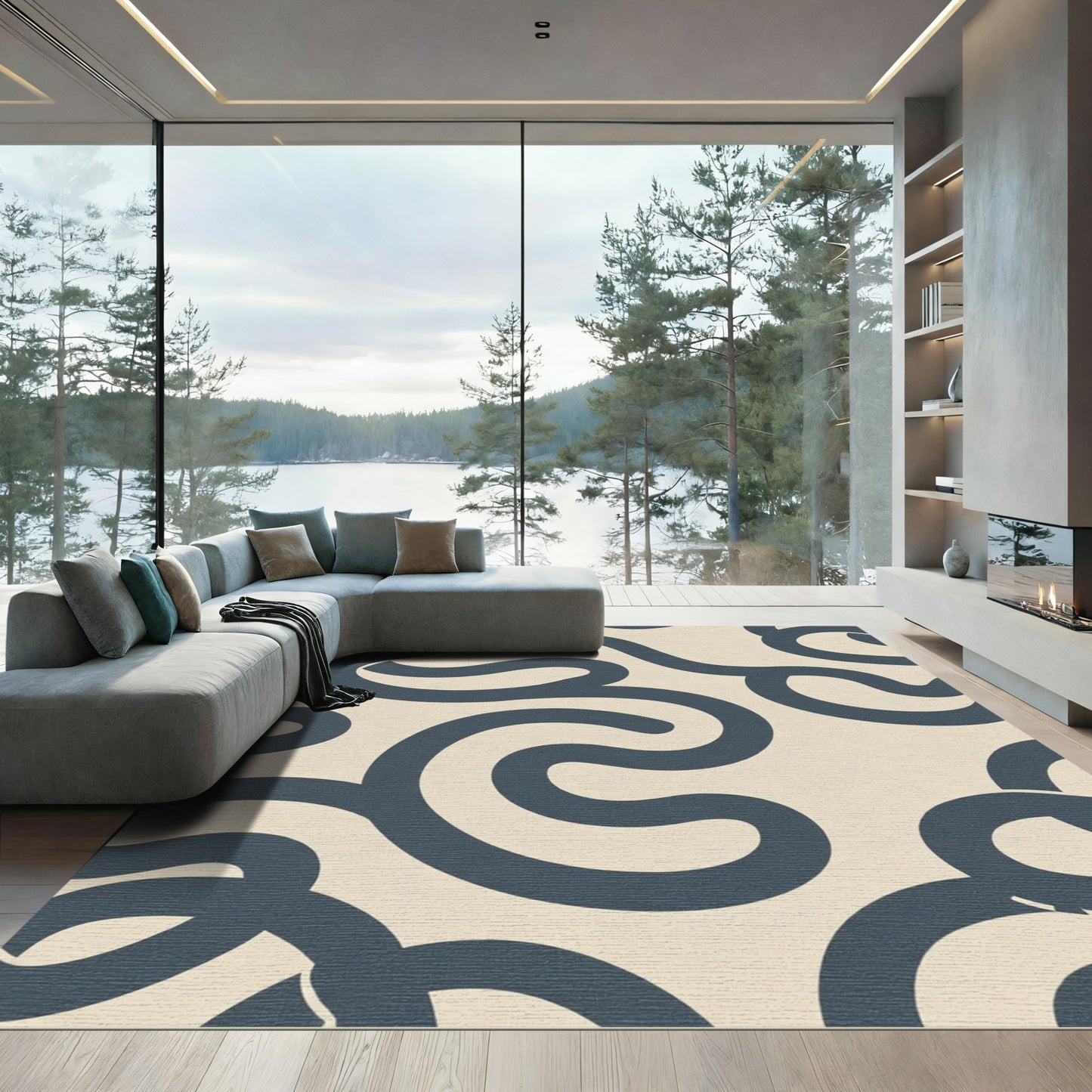 Navy Swirl Cream Modern Abstract Rug
