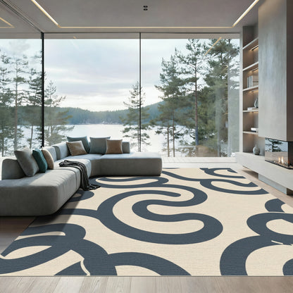 Navy Swirl Cream Modern Abstract Rug
