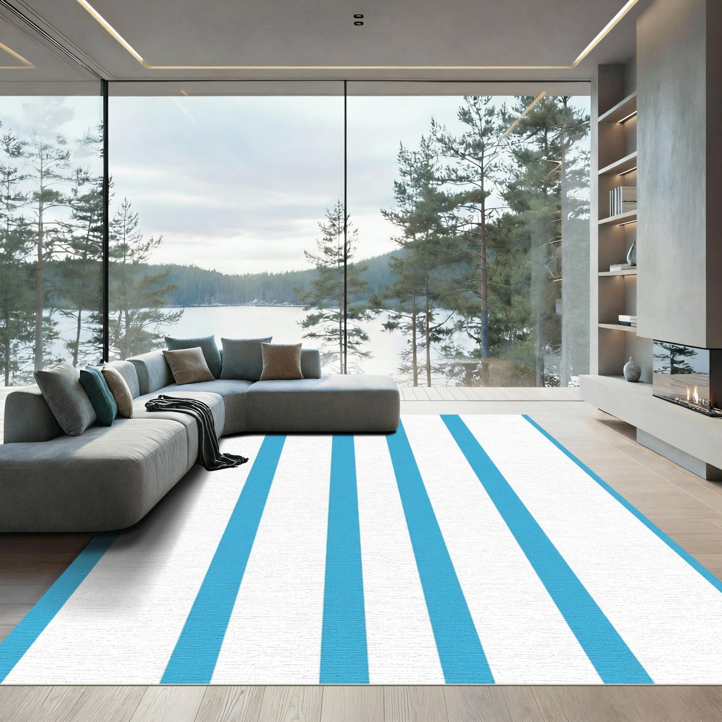 Bright Blue White Vertical Stripes Rug