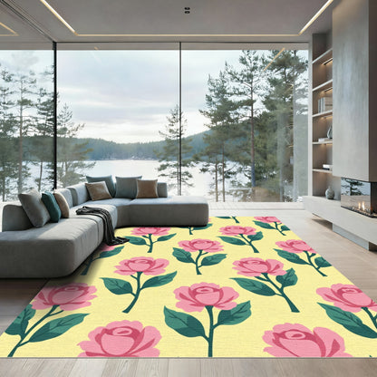 Pink Rose Garden Yellow Background Rug