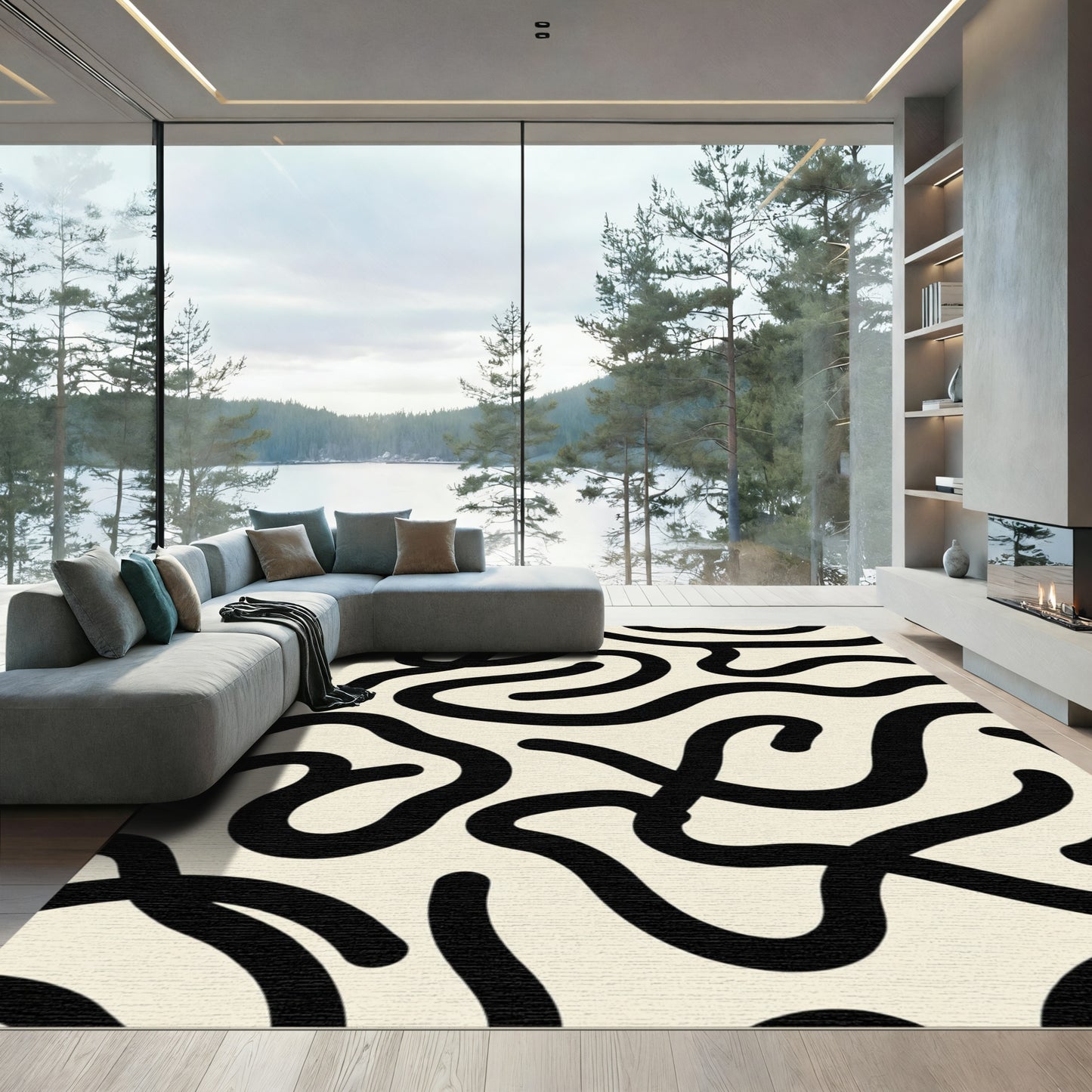 Black Organic Line Swirl Cream Rug