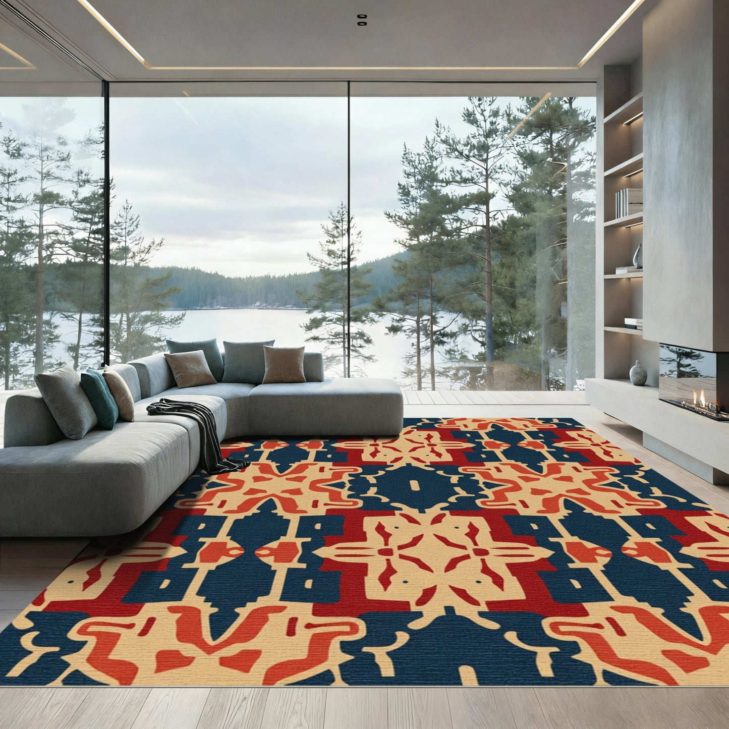 Red Blue Beige Geometric Medallion Rug