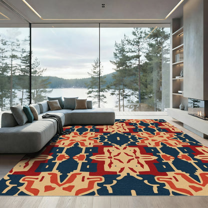 Red Blue Beige Geometric Medallion Rug