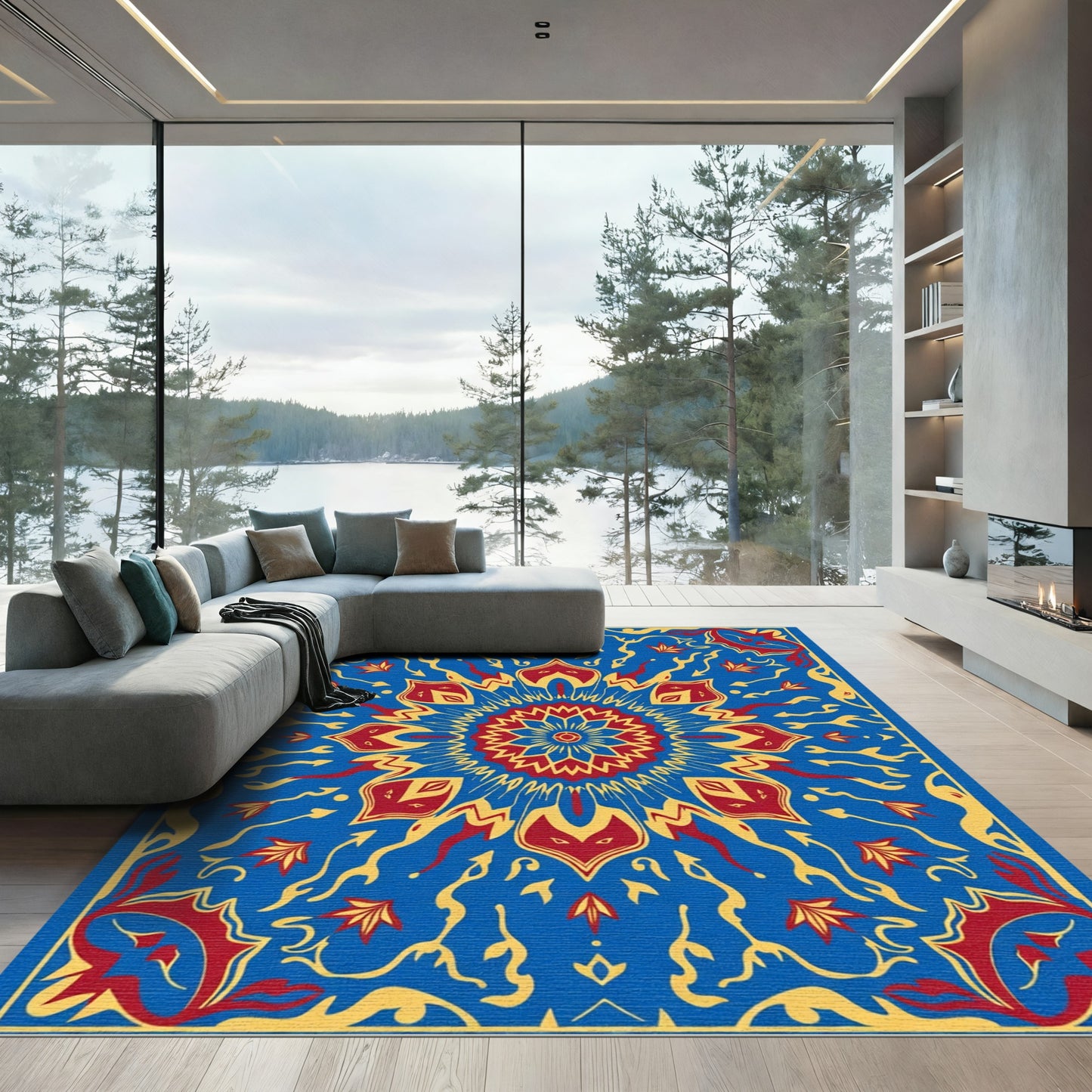 Bold Crimson Star Floral Medallion Rug