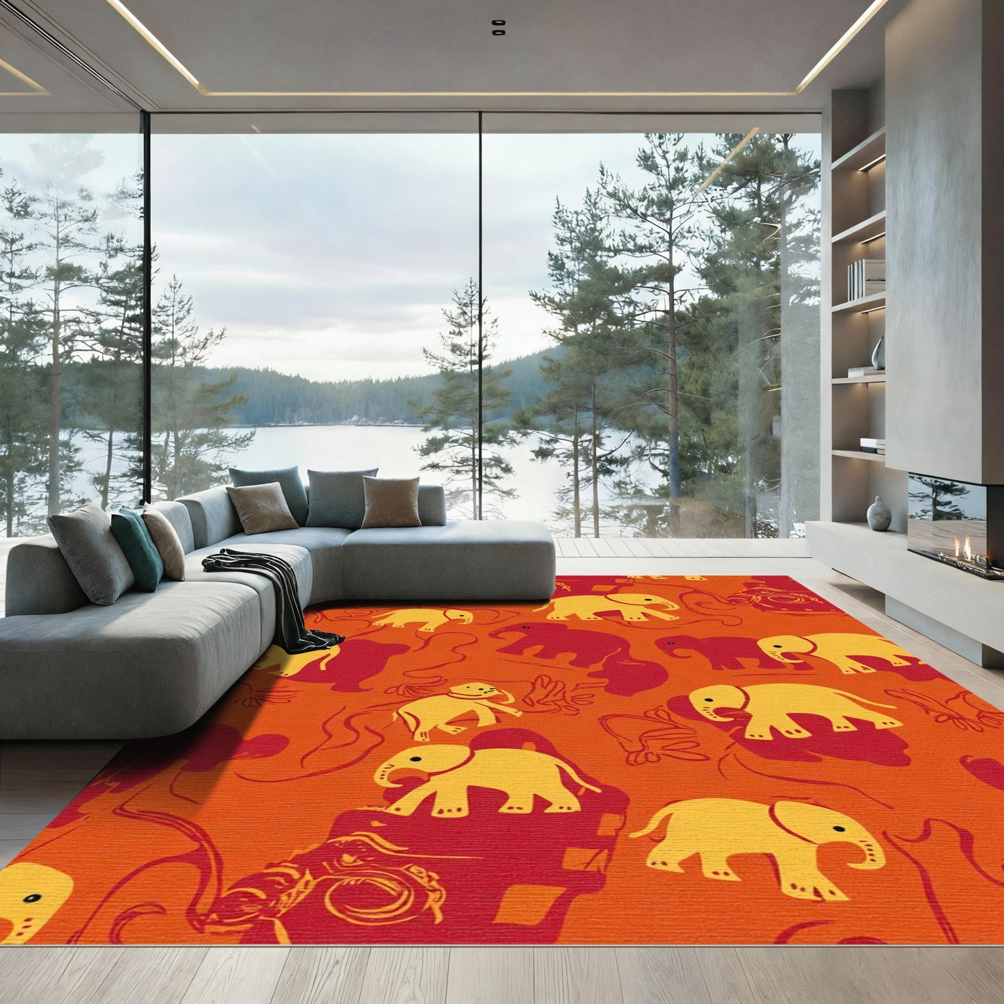 Crimson Yellow Elephants Repeating Composition Rug