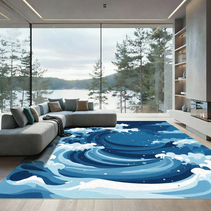 Deep Blue Oceanic Wave Crest Rug