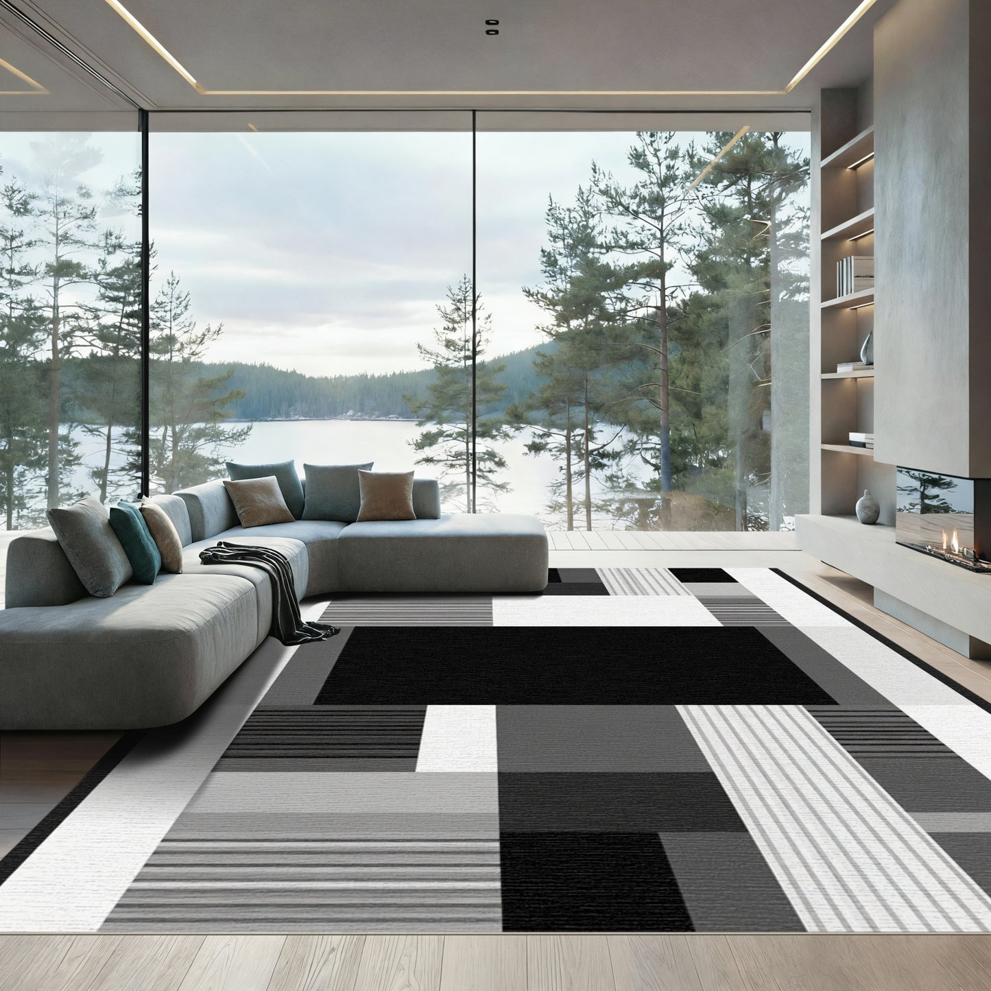 Monochrome Geometric Block Stripe Rug