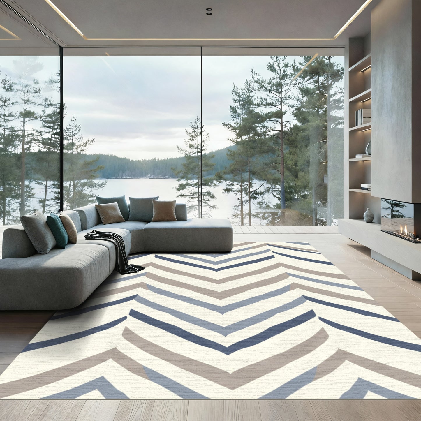 Distressed Blue Taupe Chevron Stripes Rug