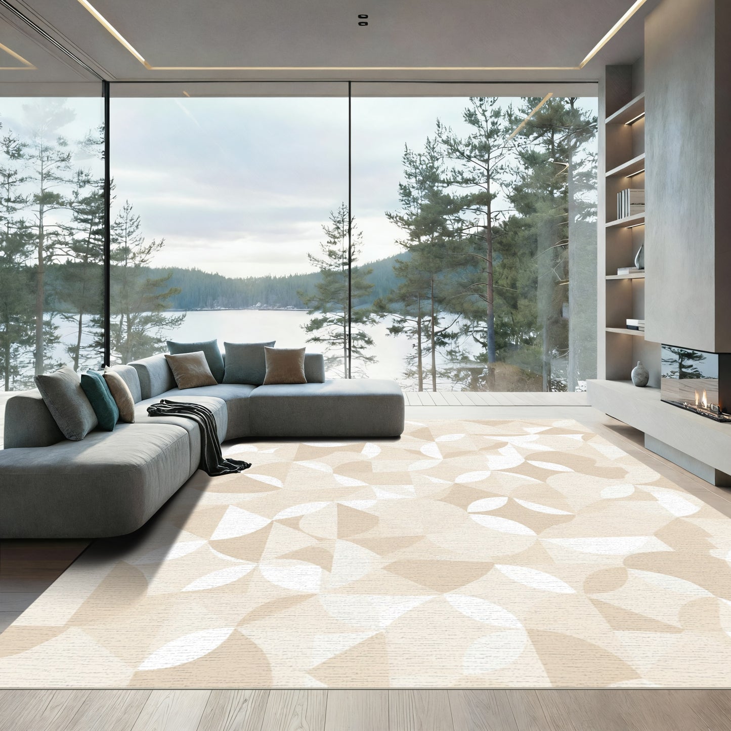 Neutral Geometric Quarter Circles Rug