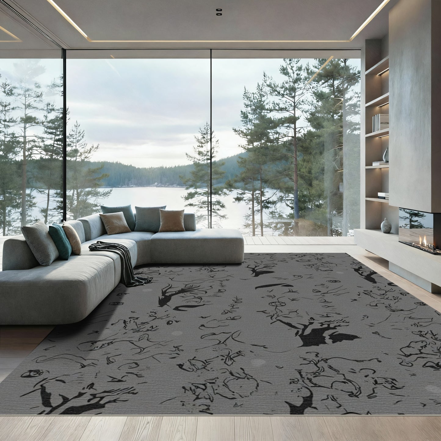 Monochromatic Ink Drawn Trees Collage Rug