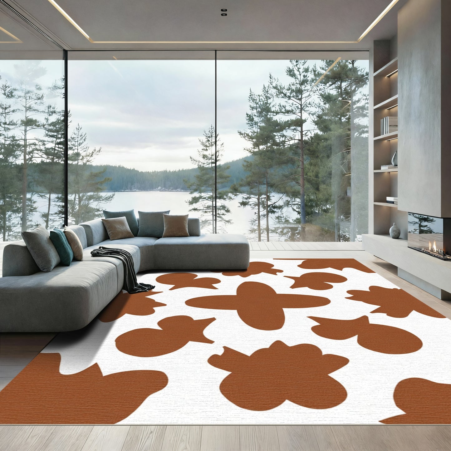 Brown Abstract Floral Cluster Rug