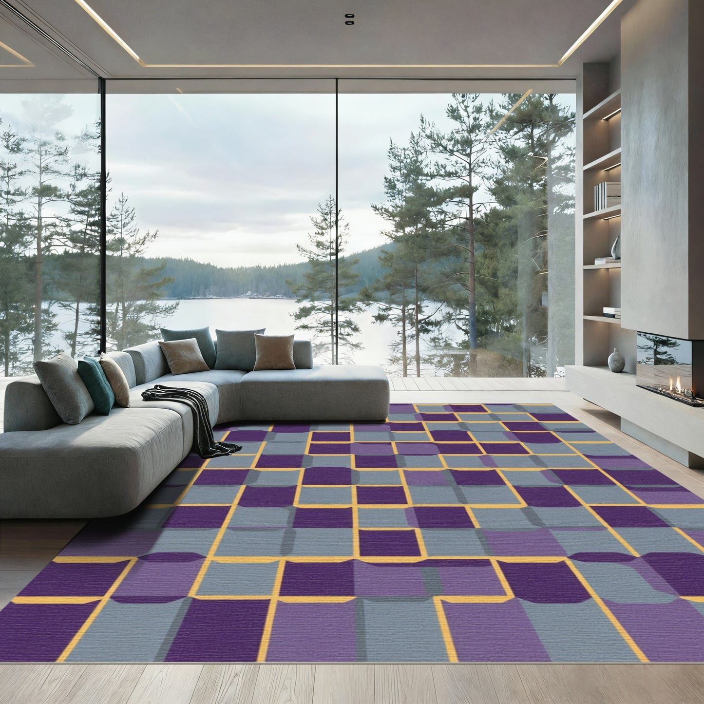 Deep Purple Gray Grid Tile Rug