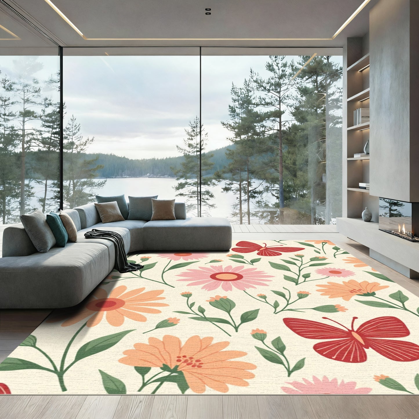 Whimsical Red Butterfly Floral Garden Rug