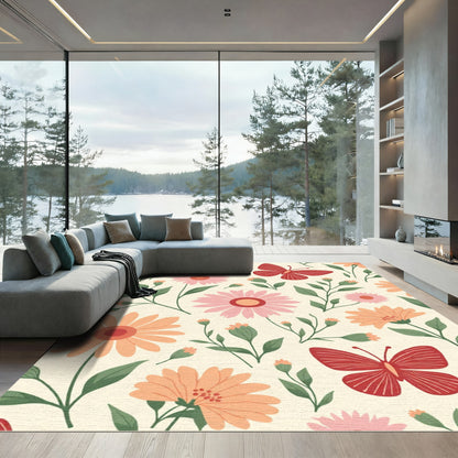 Whimsical Red Butterfly Floral Garden Rug