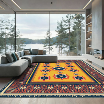 Golden Yellow Blue Starburst Border Rug