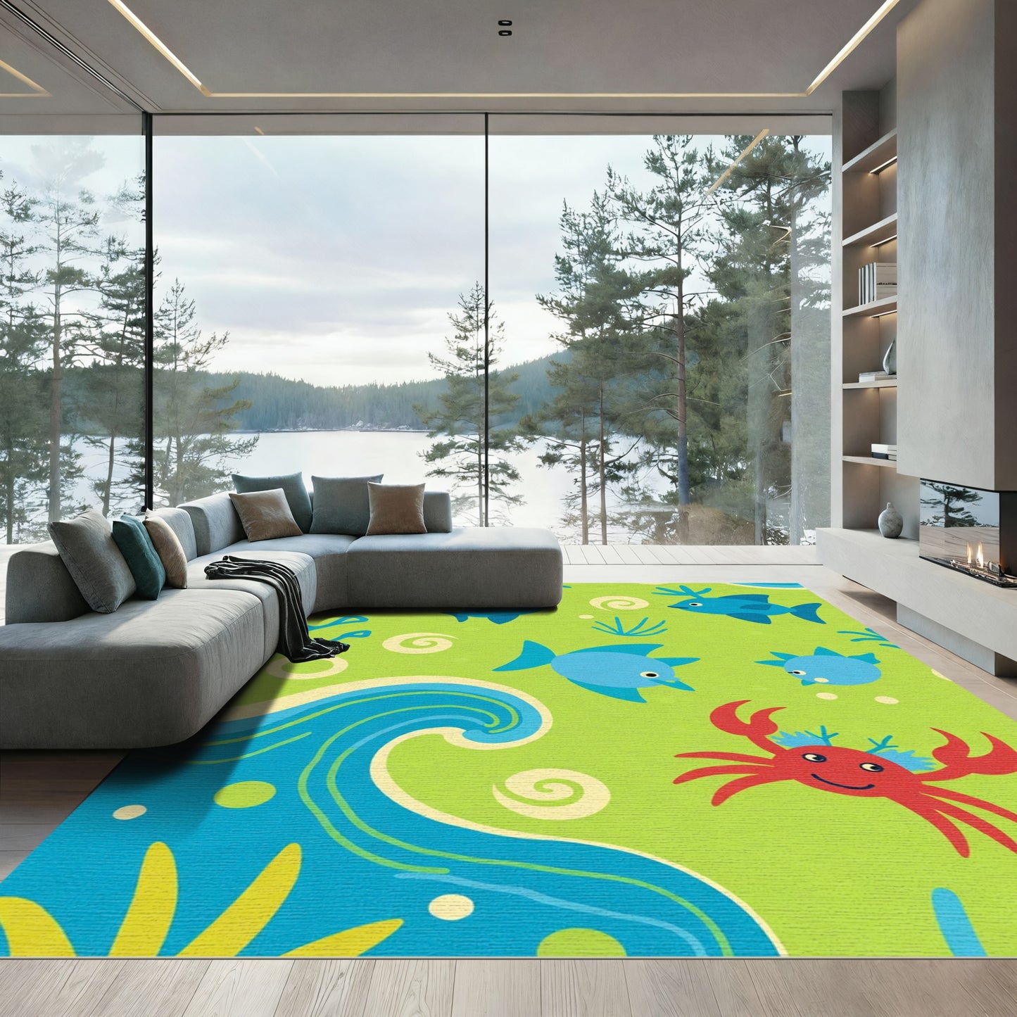 Playful Blue Fish Red Crab Ocean Waves Rug