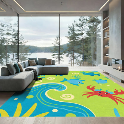 Playful Blue Fish Red Crab Ocean Waves Rug