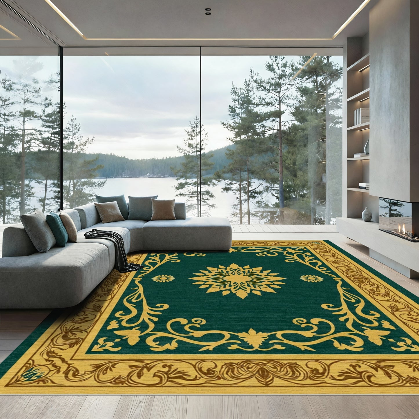 Regal Emerald Golden Floral Medallion Rug
