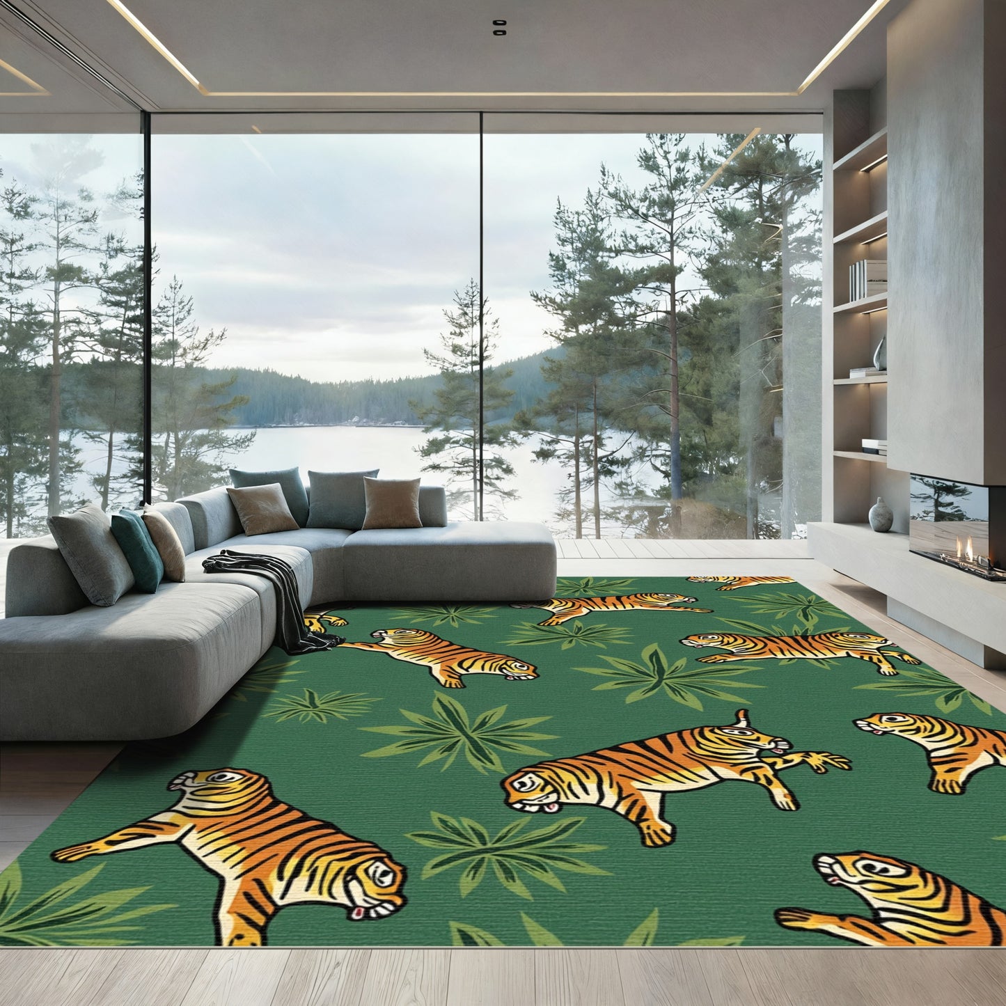 Jungle Orange Tigers Green Foliage Rug