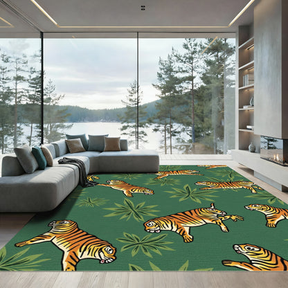 Jungle Orange Tigers Green Foliage Rug