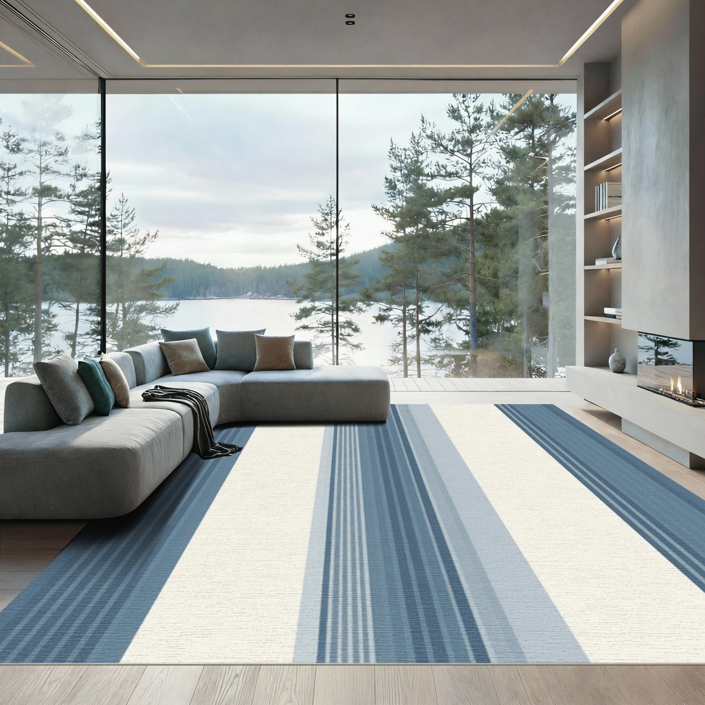 Coastal Blue Cream Vertical Stripe Rug