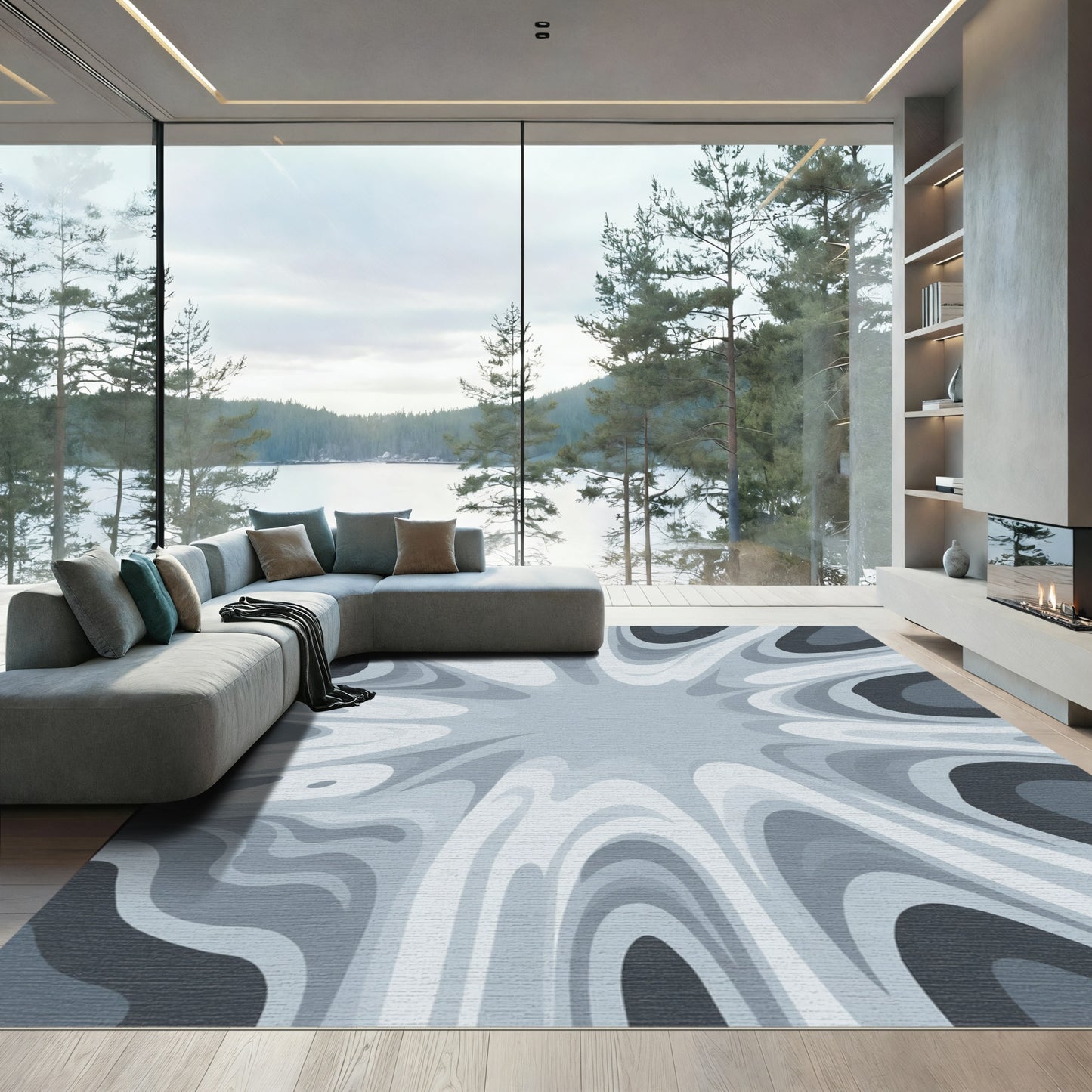 Cool Grey Swirl Layered Rug