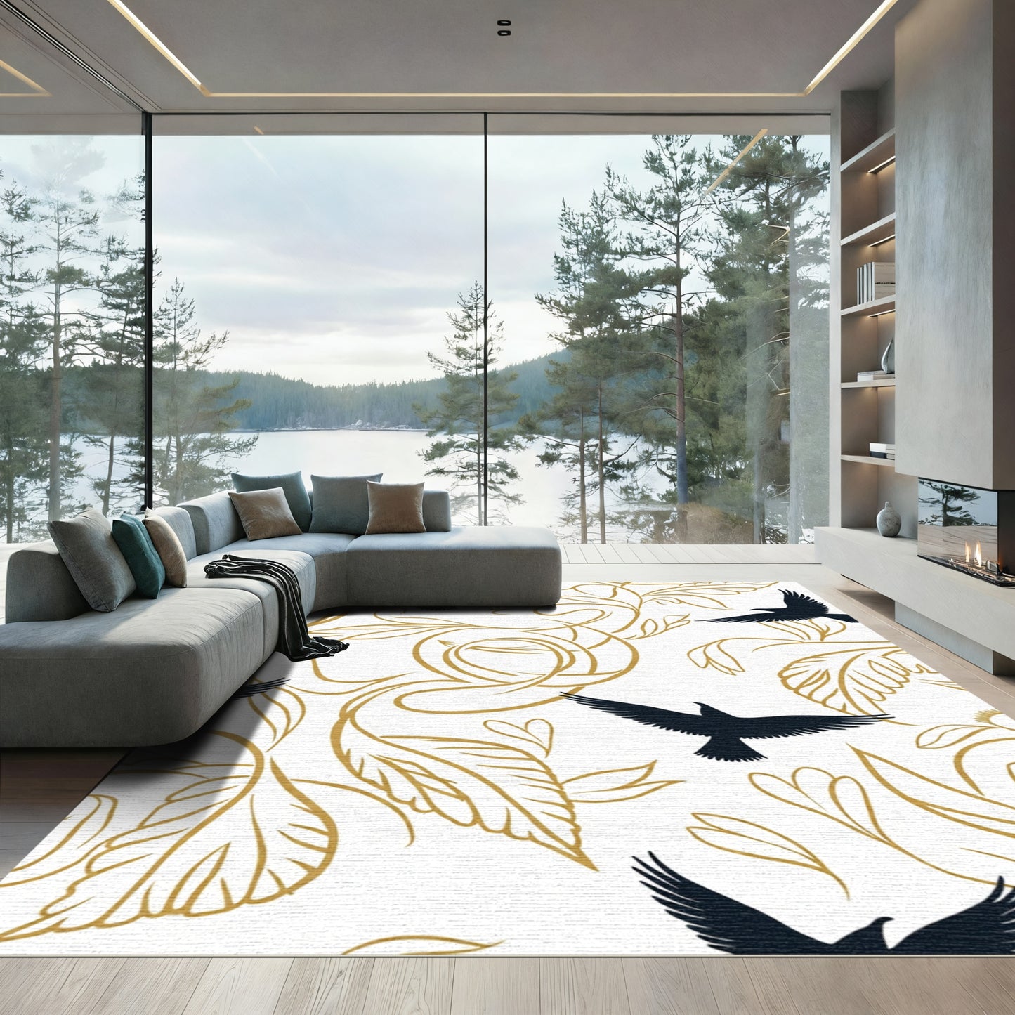 Black Birds Gold Vine Swirl Rug