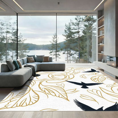 Black Birds Gold Vine Swirl Rug