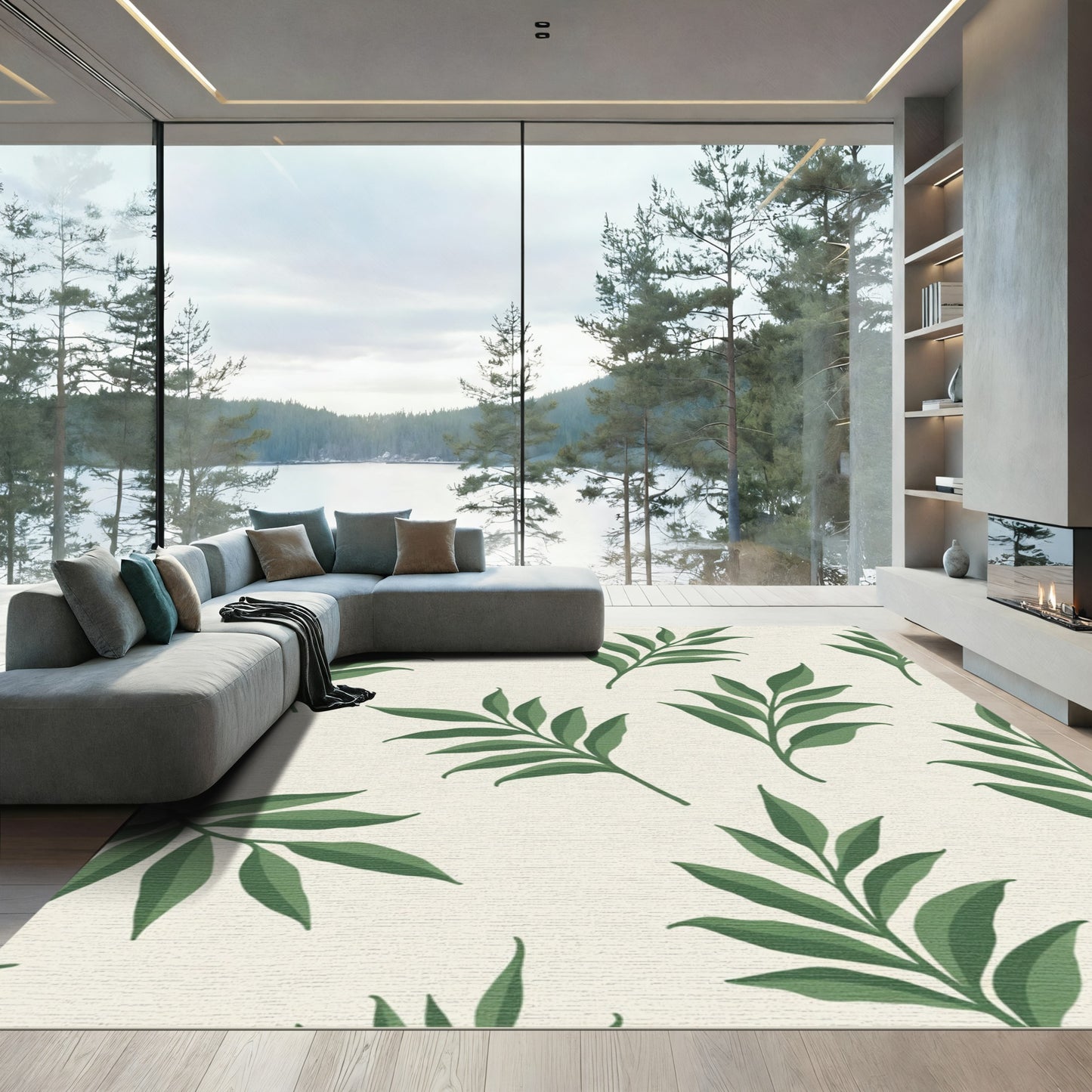 Green Leafy Branches on Cream Field Rug