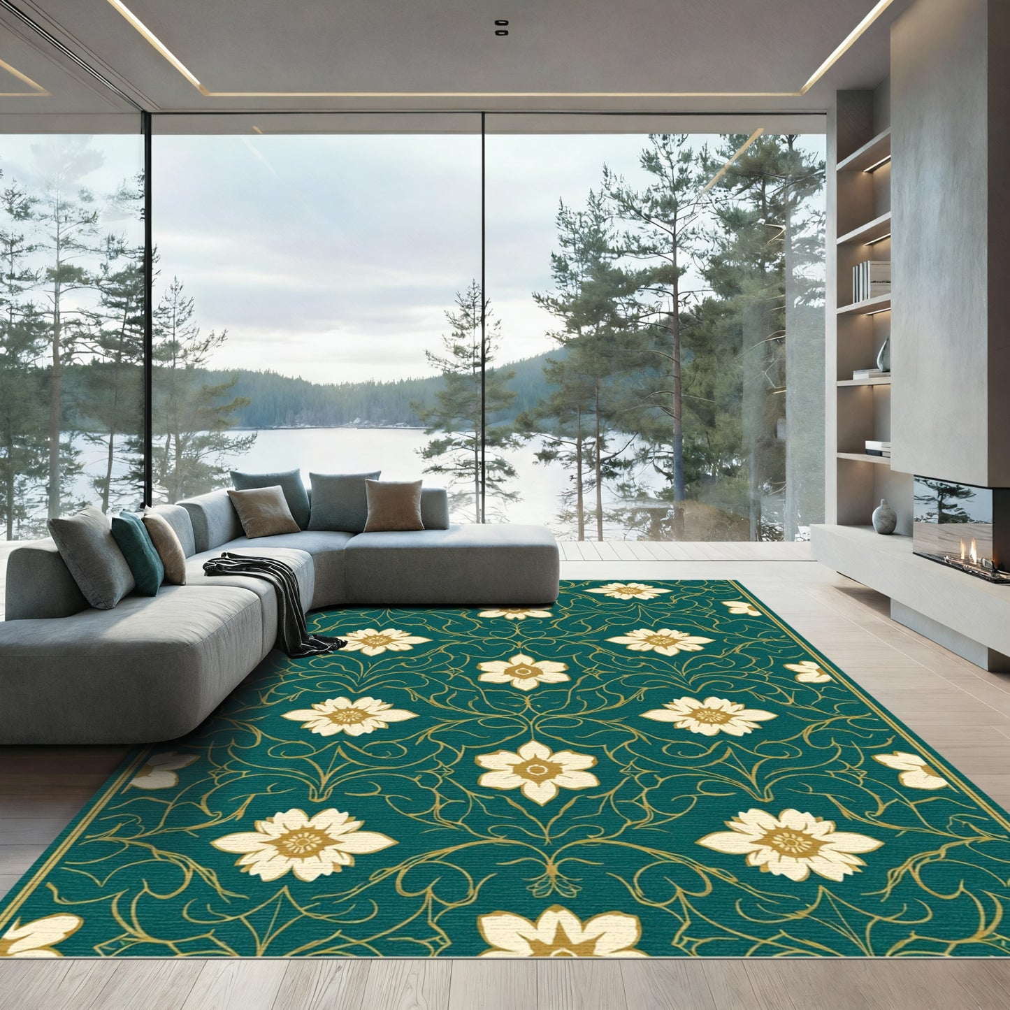 Teal Floral Vine Medallion Rug