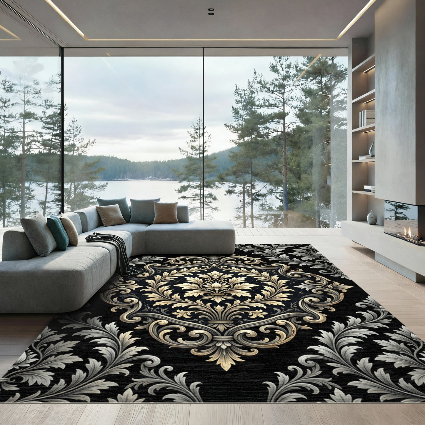 Ornate Gold Acanthus Scroll Black Rug