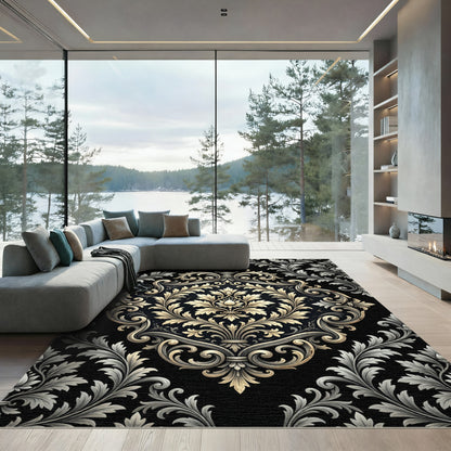 Ornate Gold Acanthus Scroll Black Rug